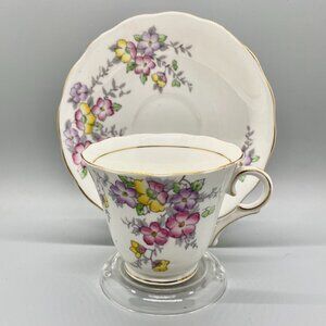 Colclough 6593 England Floral Pedestal Teacup and Saucer with Display Stand